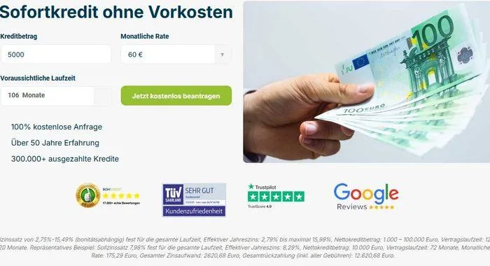 Screenshot der Bon-Kredit-Startseite mit Sofortkredit ohne Vorkosten