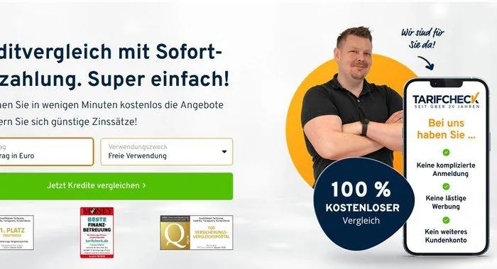 Screenshot der Tarifcheck-Startseite mit Kreditvergleich und Sofortauszahlung
