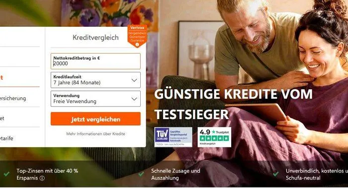 Screenshot des Verivox-Kreditvergleichs mit Formular für Kreditbetrag und Laufzeit